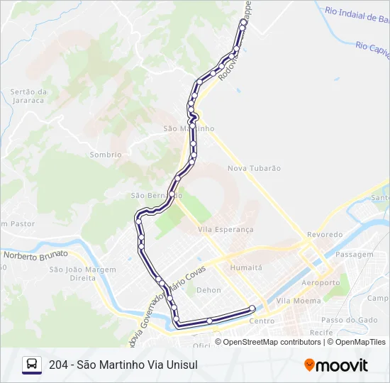 204 SÃO MARTINHO VIA UNISUL Bus Line Map