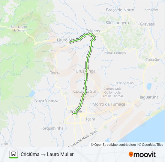 Mapa da linha 396 CRICIÚMA / LAURO MULLER VIA ORLEANS de ônibus