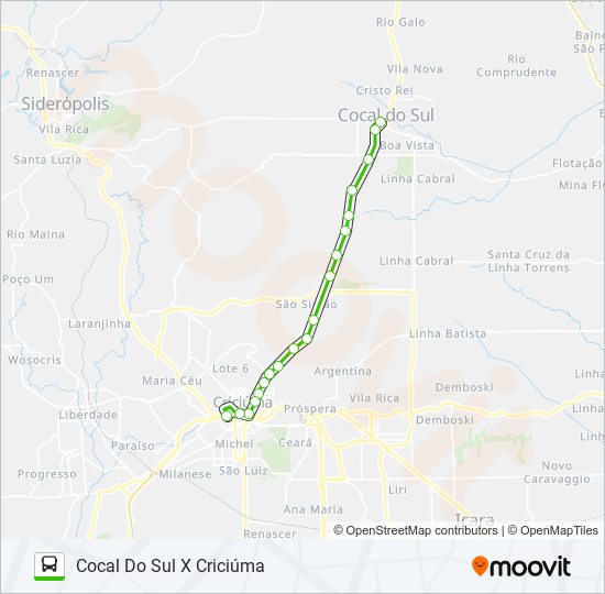 Mapa da linha 402 CRICIÚMA / URUSSANGA VIA COCAL DO SUL de ônibus