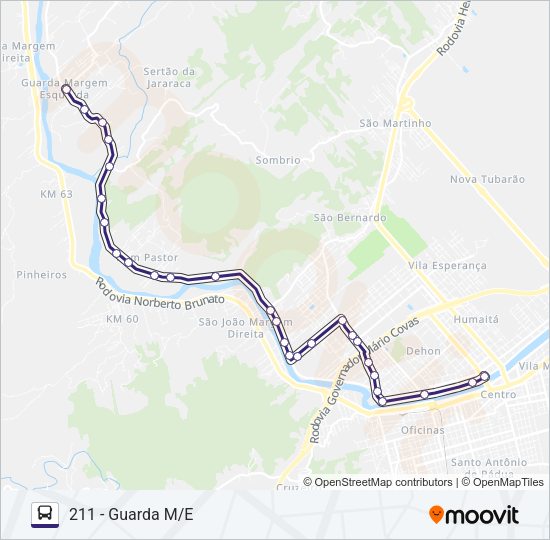 Mapa da linha 211 GUARDA de ônibus
