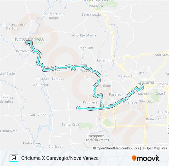 Mapa da linha 606A CRIC.X NOVA VENEZA VIA SANTA LUZIA/CARAVAGIO de ônibus
