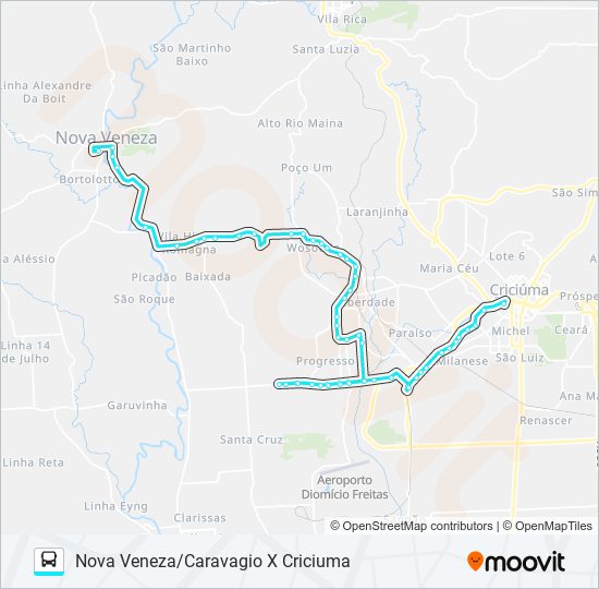 Mapa da linha 606A CRIC.X NOVA VENEZA VIA SANTA LUZIA/CARAVAGIO de ônibus