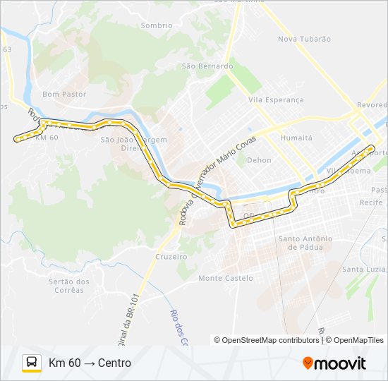 Mapa da linha KM 60 de ônibus