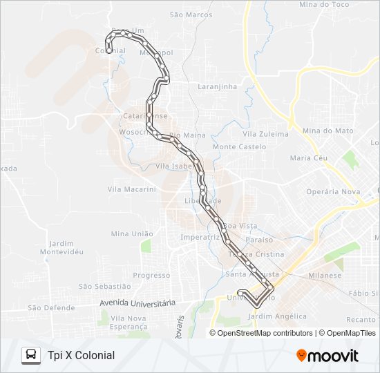 Mapa da linha 0310 COLONIAL VIA RIO MAINA de ônibus