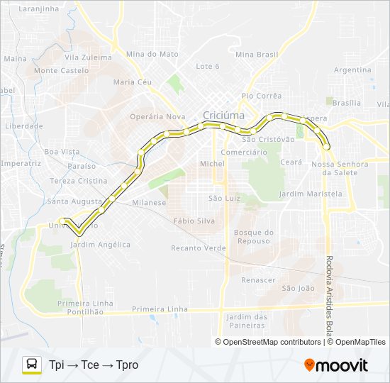 Mapa da linha 0101 CENTENÁRIO VIA TPI-TCE-TPRO de ônibus