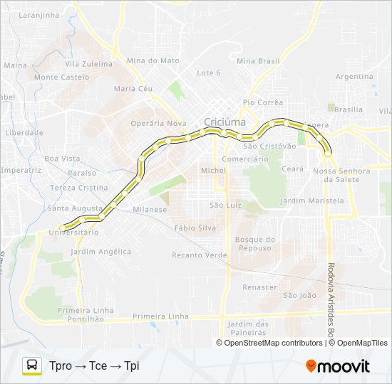 Mapa da linha 0101 CENTENÁRIO VIA TPI-TCE-TPRO de ônibus