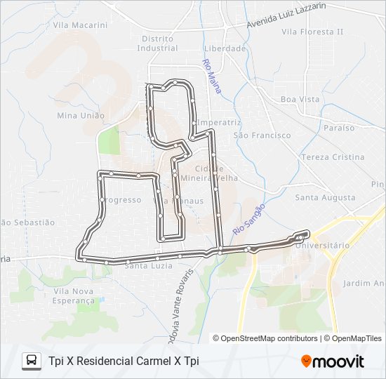 Mapa da linha 0316 CIDADE MINEIRA NOVA / MANAUS / PROGRESSO de ônibus