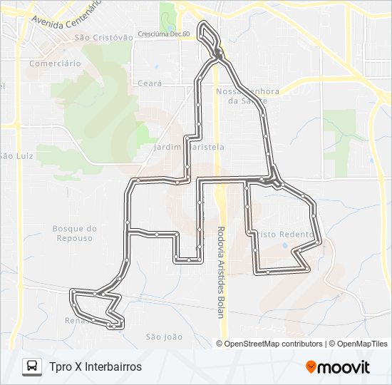 Mapa da linha 704D INTERBAIRROS CRISTO REDENTOR /ANA MARIA /RENASCER de ônibus