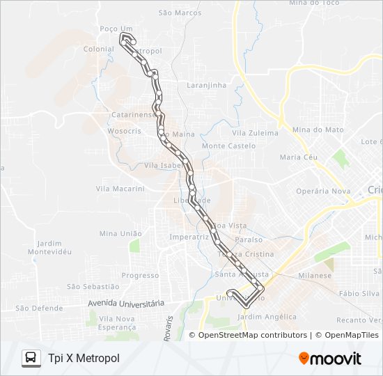 Mapa da linha 308B METROPOL VIA RIO MAINA /TPI de ônibus