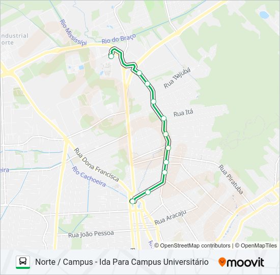 Mapa da linha 0208 NORTE / CAMPUS de ônibus