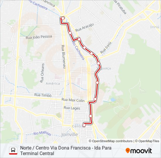 Mapa da linha 0135 NORTE / CENTRO VIA DONA FRANCISCA de ônibus