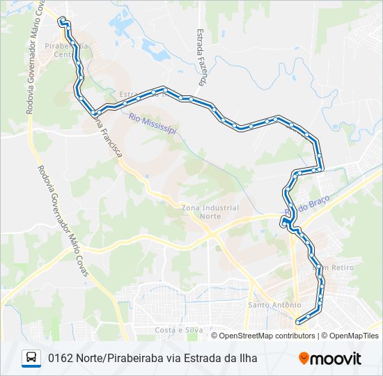 Mapa da linha 0162 NORTE/PIRABEIRABA VIA ESTRADA DA ILHA de ônibus