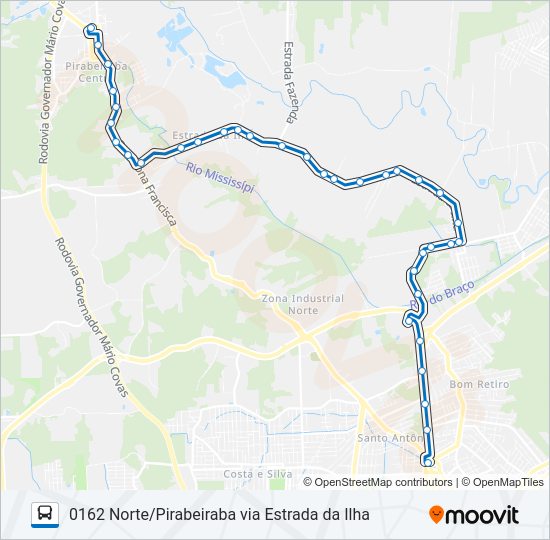 Mapa da linha 0162 NORTE/PIRABEIRABA VIA ESTRADA DA ILHA de ônibus