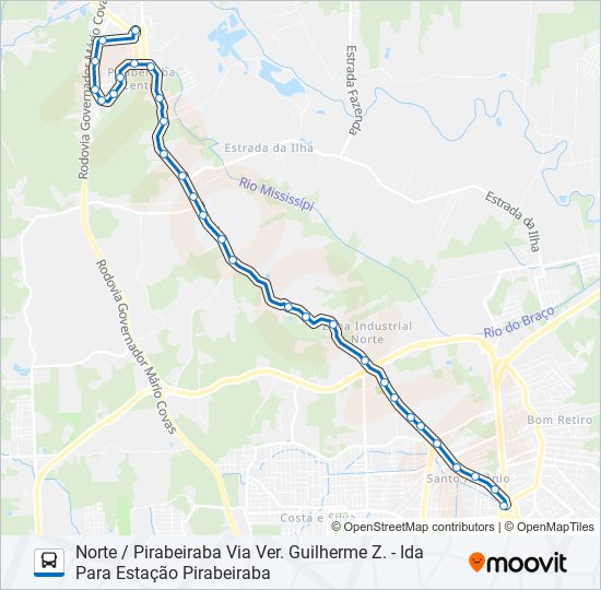 Mapa da linha 0161 NORTE / PIRABEIRABA VIA VER. GUILHERME Z. de ônibus