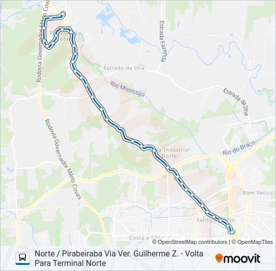 Mapa da linha 0161 NORTE / PIRABEIRABA VIA VER. GUILHERME Z. de ônibus