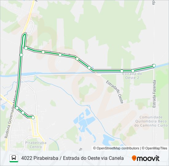 Mapa da linha 4022 PIRABEIRABA / ESTRADA DO OESTE VIA CANELA de ônibus