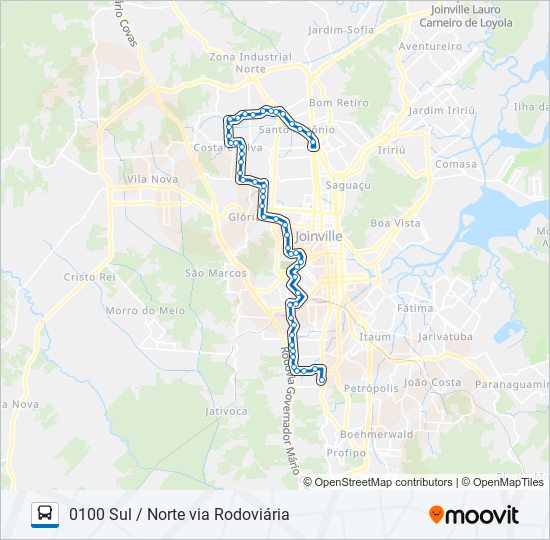 Mapa da linha 0100 SUL / NORTE VIA RODOVIÁRIA de ônibus