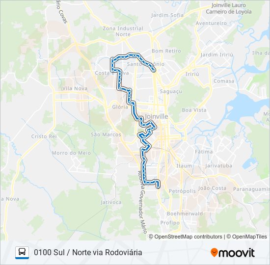 Mapa da linha 0100 SUL / NORTE VIA RODOVIÁRIA de ônibus