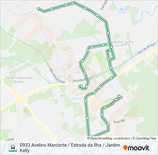 Mapa da linha 0933 AVELINO MARCANTE / ESTRADA DA ILHA / JARDIM KELLY de ônibus