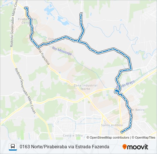 Mapa da linha 0163 NORTE/PIRABEIRABA VIA ESTRADA FAZENDA de ônibus