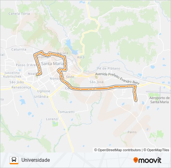 Mapa da linha 196 UNIVERSIDADE de ônibus
