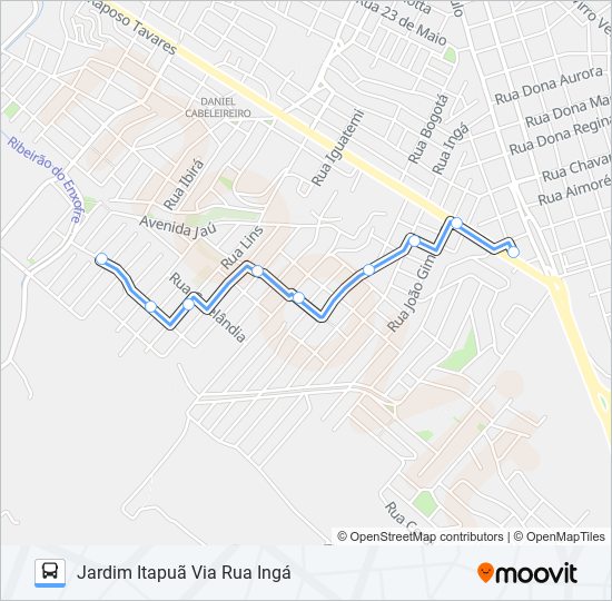Mapa da linha 0323 JARDIM ITAPUÃ VIA RUA INGÁ de ônibus