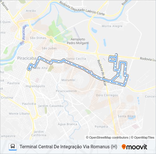 Mapa da linha 210 UNILESTE / CENTRO de ônibus