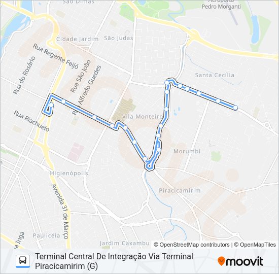 Mapa da linha 210 UNILESTE / CENTRO de ônibus