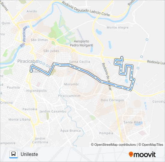 Mapa da linha 210 UNILESTE / CENTRO de ônibus