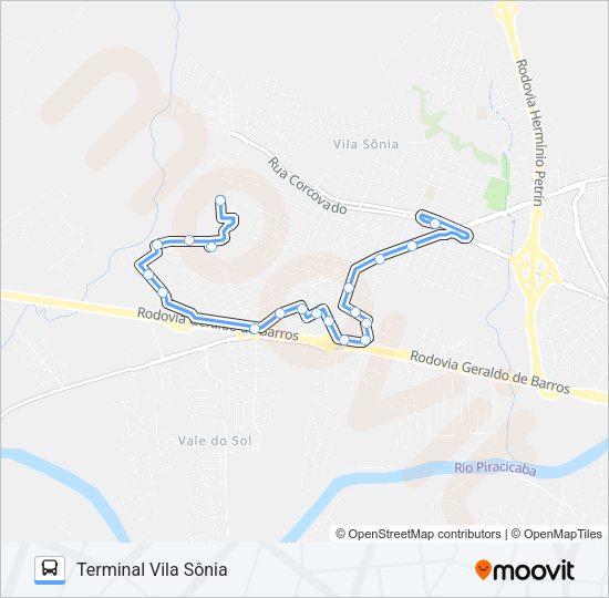 Mapa da linha 402 PARQUE PIRACICABA / TVS de ônibus