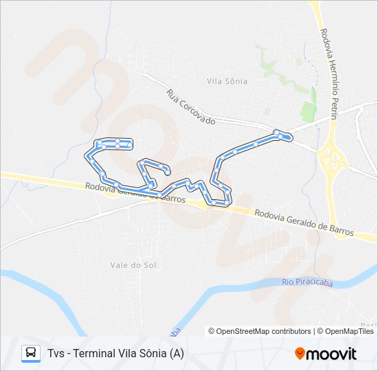Mapa da linha 402 PARQUE PIRACICABA / TVS de ônibus