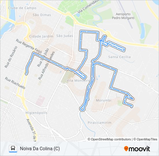 Mapa da linha 203 NOIVA DA COLINA VIA VILA MONTEIRO de ônibus