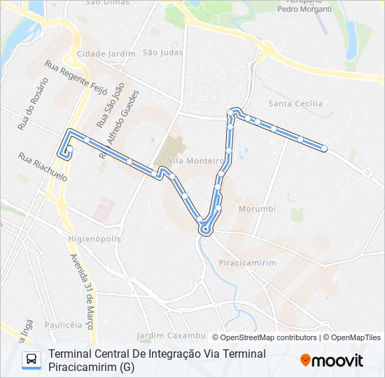 Mapa da linha 0210 UNILESTE / CENTRO de ônibus