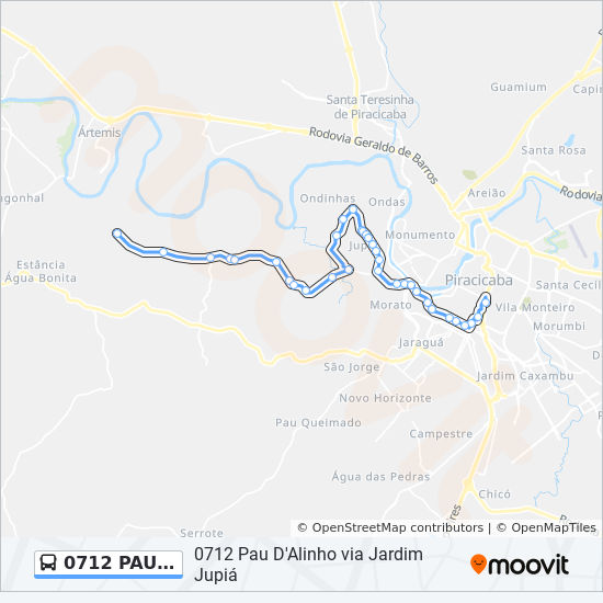 Mapa da linha 0712 PAU D'ALINHO VIA JARDIM JUPIÁ de ônibus