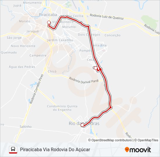 Mapa da linha 7493-2 RIO DAS PEDRAS / PIRACICABA de ônibus