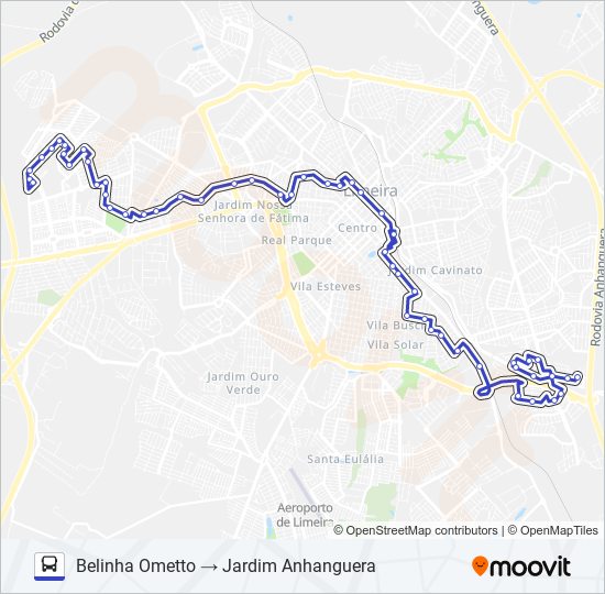 Mapa da linha 104 BELINHA OMETTO X JARDIM ANHANGUERA (VIA STA.MEDICAL) de ônibus