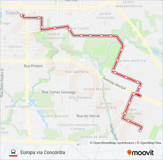 Mapa da linha 029 EUROPA VIA CONCÓRDIA de ônibus