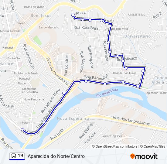 Mapa da linha 19 de ônibus