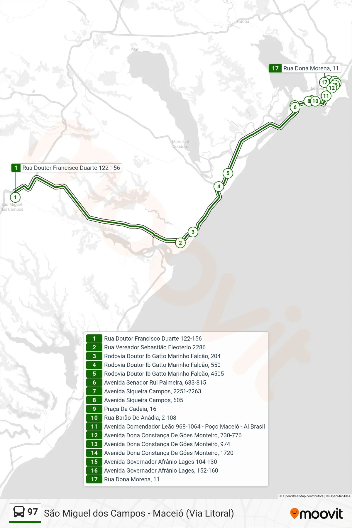 97 bus Line (Maceió) route and stops on a map