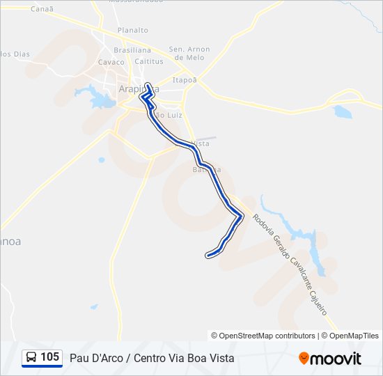 Mapa da linha 105 de ônibus