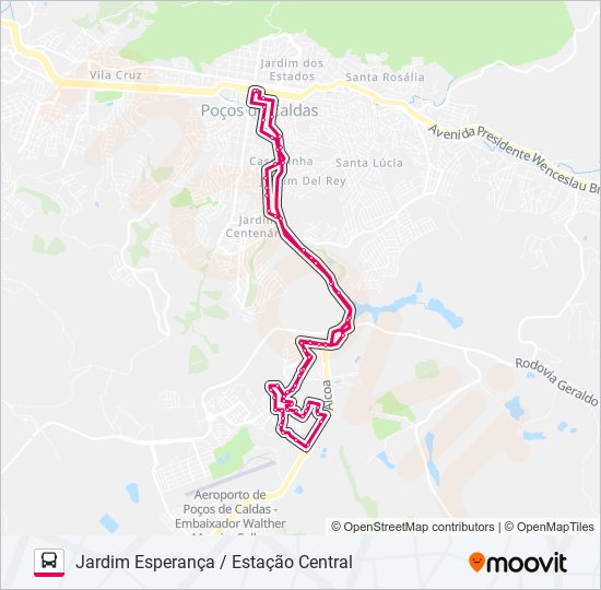 Mapa da linha R104 JARDIM ESPERANÇA / ESTAÇÃO CENTRAL de ônibus
