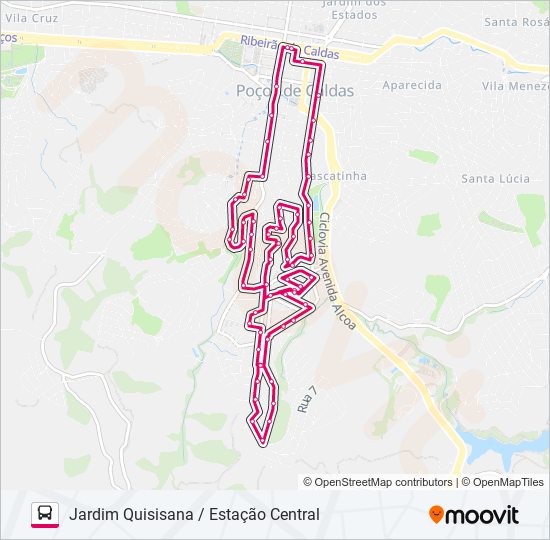 Mapa da linha R105 JARDIM QUISISANA / ESTAÇÃO CENTRAL de ônibus