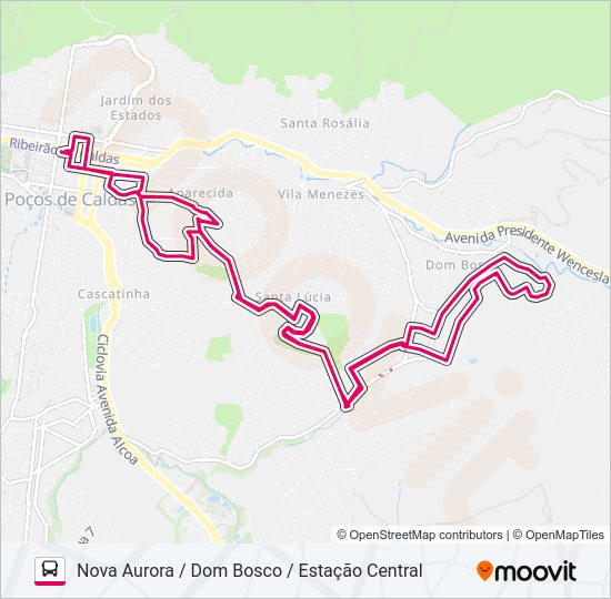 Mapa da linha R205 NOVA AURORA / DOM BOSCO / ESTAÇÃO CENTRAL de ônibus