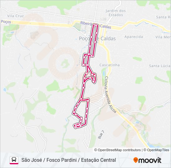 Mapa da linha R106 SÃO JOSÉ / FOSCO PARDINI / ESTAÇÃO CENTRAL de ônibus