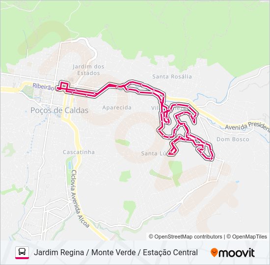 Mapa da linha R221 JARDIM REGINA / MONTE VERDE / ESTAÇÃO CENTRAL de ônibus