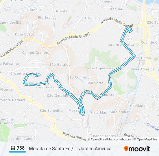 Mapa da linha 738 de ônibus