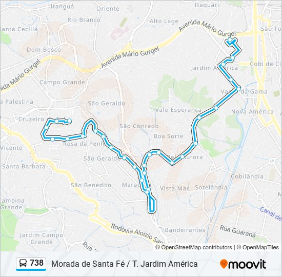 Mapa da linha 738 de ônibus