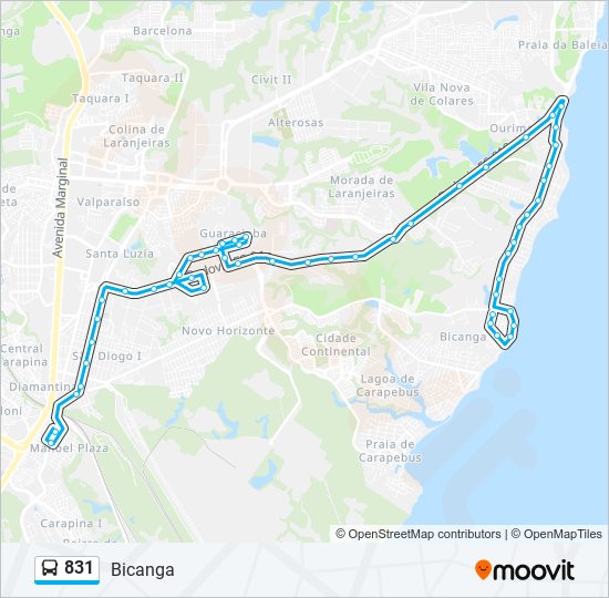 Mapa da linha 831 de ônibus