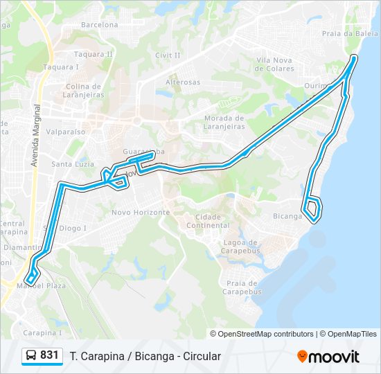 Mapa da linha 831 de ônibus