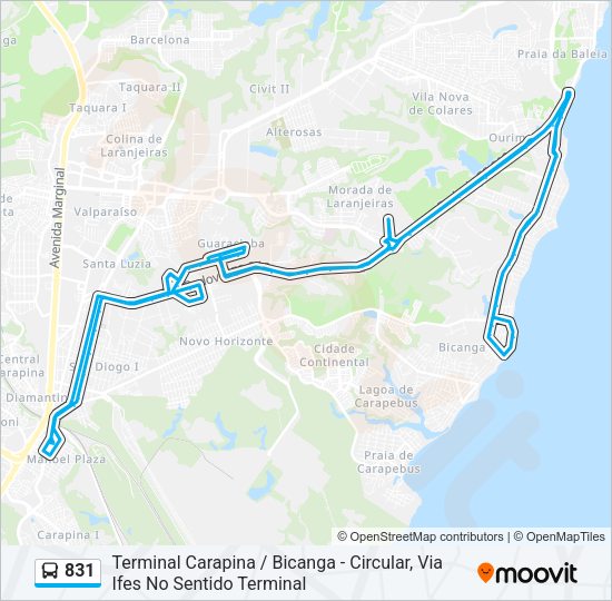 Mapa da linha 831 de ônibus